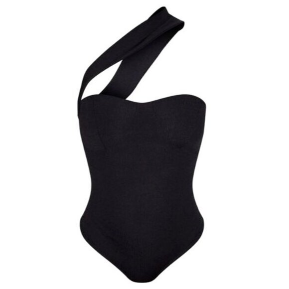Asymmetric Black Ribbed Bodysuit With One Sleeve By PrettyLittleThing - 14 - Picture 1 of 10